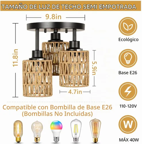 Vista 4 de Lámparas de Techo Bohemias de 3 Luces Montaje en Techo, Candelabro de Ratán Estilo Granja, Pantalla de Jaula Tejida a Mano Montaje Semi Empotrado