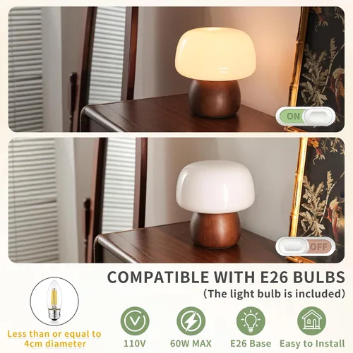 Vista 4 de Mid Century Modern Table Lamps for Bedroom Milky White Glass Mushroom Lamp