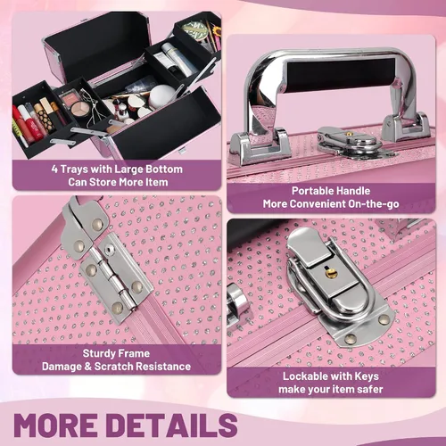 Vista 5 de Estuche de tren de maquillaje, estuche organizador de cosméticos, caja de maquillaje portátil, estuche de viaje para artistas de maquillaje con 4