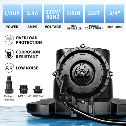 Vista 3 de LANCHEZ Bomba automática de cubierta de piscina de 1/2 HP, bomba sumergible de sumidero de agua de 2250 GPH con válvula de retención y 3 Negro