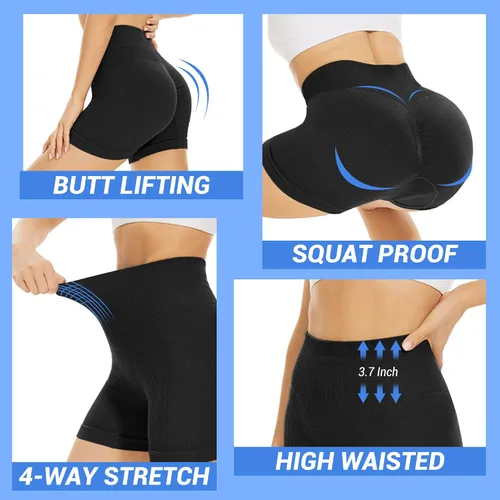 Vista 4 de GAYHAY Pantalones cortos de entrenamiento de 3 piezas para mujer, sin costuras, acanalados, con levantamiento de glúteos, cintura alta, pantalones