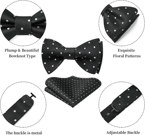 Vista 187 de HISDERN Pajaritas para hombre, diseño de lunares, corbatín y bolsillo cuadrado, clásico, esmoquin de negocios, boda, pajaritas, pañuelo