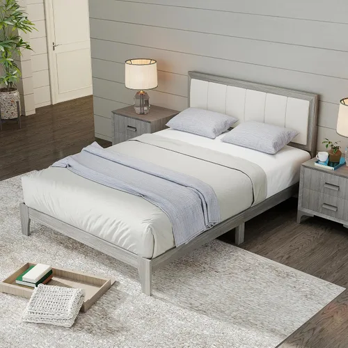 Vista 9 de HOMCOM - Base de cama de tamaño matrimonial, cabecera tapizada, listones de madera, color gris Marco de cama de plataforma, no necesita somier