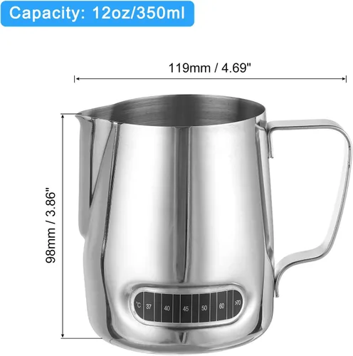 Vista 2 de uxcell Jarra de espuma de leche con termómetro integrado, taza de café de acero inoxidable de 12 oz/11.8 fl oz, jarra de espuma de leche con asa