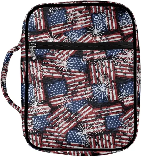 Vista 11 de Funda unisex para la Biblia, portátil, ligera, con asa y bolsillo con cremallera, marcapáginas tamaño grande, Bandera estadounidense mariposa