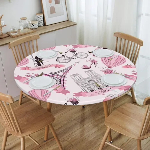 Vista 4 de Famame Romantic Paris - Mantel redondo ajustable con borde elástico, impermeable, con borde elástico, para interiores y exteriores, se adapta a