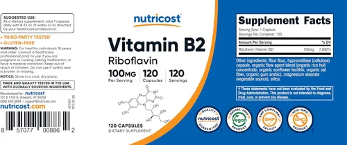 Vista 6 de Nutricost Vitamina B2 (Riboflavina) 100mg, 120 Cápsulas - Sin Gluten y Sin OGM