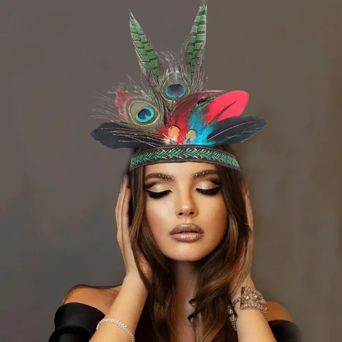 Vista 6 de CAKURE Disfraz de pavo real para mujer tocado de plumas de carnaval tocado de corona disfraz indio para fiesta de Halloween