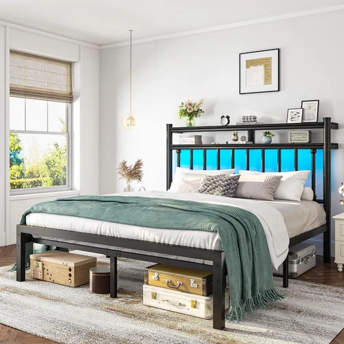 Vista 15 de Homkdom Base de cama de metal de tamaño individual con luces LED inteligentes y cabecera de almacenamiento de 2 niveles, base de colchón resistente