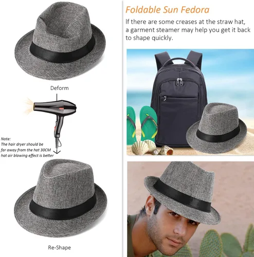 Vista 4 de Men Wide Brim Straw Hat,Man Summer Beach Fedora Sun Hat UPF50+, Sun - Protected Straw Hats for Men
