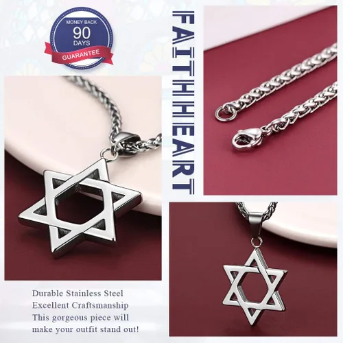 Vista 4 de FaithHeart Magen David - Collar con colgante de estrella de David de acero inoxidable joyería judía para mujeres y hombres el sello de Salomón