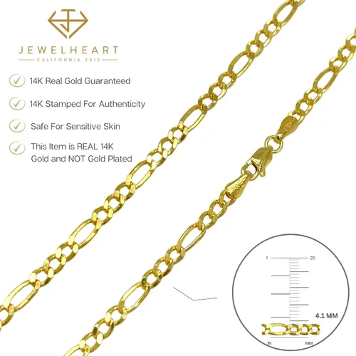 Vista 6 de JEWELHEART Cadena Figaro de oro real de 14 quilates 0.096 in, 0.124 in, 0.161 in, 0.201 in, 0.224 in, collar de eslabones cubanos de corte