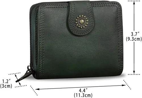 Vista 4 de Billeteras de cuero plegables para mujer, estilo vintage, hechas a mano, pequeño, con cremallera, Verdeoscuro, Billetera plegable