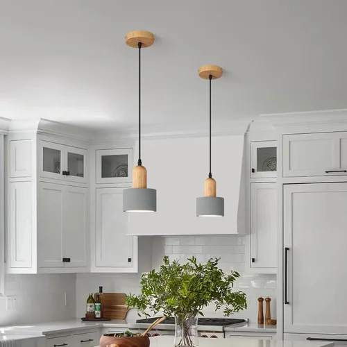 Vista 3 de Luces Colgantes Modernas de Cemento Gris Araña Lámparas de Techo de Madera para Isla de Cocina Dormitorio Comedor Sala de Estar Bar (Paquete de 2)