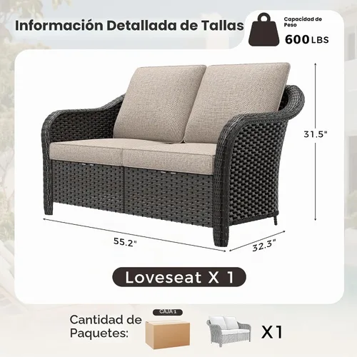 Vista 2 de Sofá de patio al aire libre de 2 plazas con mimbre de PE tejido a mano Beige