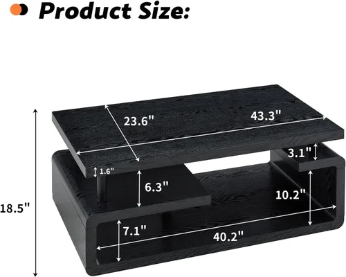 Vista 3 de Mesa auxiliar de 43.3 pulgadas, mesa central moderna de 3 niveles con almacenamiento, mesa de centro grande de madera para sala de estar, oficina