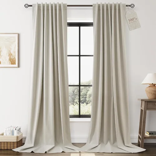 Vista 22 de Nanspring Cortinas de lino 100% opacas para dormitorio, 96 pulgadas de largo, con pestaña trasera, bolsillo para barra, aislamiento térmico, cortina