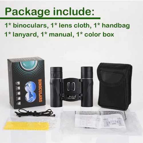 Vista 5 de Binoculares compactos de 8 x 21 para adultos y adolescentes, mini prismáticos ópticos completos pequeños para observación de aves, ópera, Negro