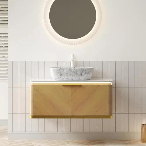 Vista 16 de LKTART Mueble de baño flotante de 36 pulgadas con fregadero, moderno armario de almacenamiento montado en la pared con luz LED, lavabo de cerámica
