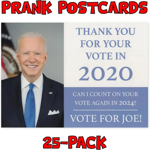 Vista 2 de Paquete de 25 postales de broma a granel – Joe Biden Gracias por tu voto en 2020 y 2024 – Bromas chistes prácticos Gags Venganza Odio Correo