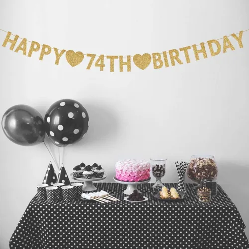 Vista 3 de Cartel dorado de feliz cumpleaños 74, purpurina para mujer u hombre de 74 años, decoraciones para fiestas