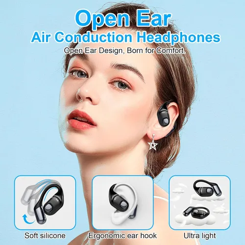 Vista 2 de Auriculares de oído abierto, auriculares Bluetooth 5.3 inalámbricos de conducción aérea con micrófono, estuche de carga con pantalla LED y carga Rosa