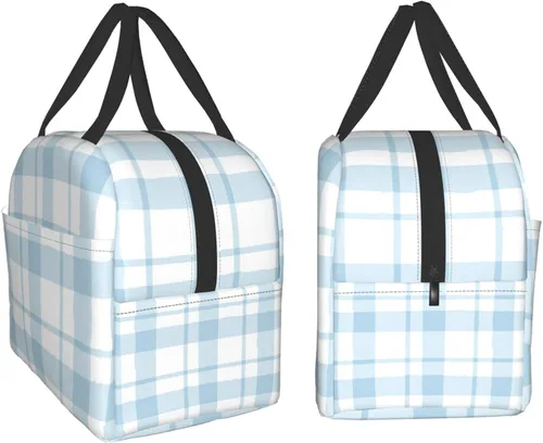 Vista 2 de Lonchera con diseño a cuadros azules aislada, bolsa térmica para almuerzo para adultos, niños, niñas, mujeres, oficina, trabajo, escuela, picnic