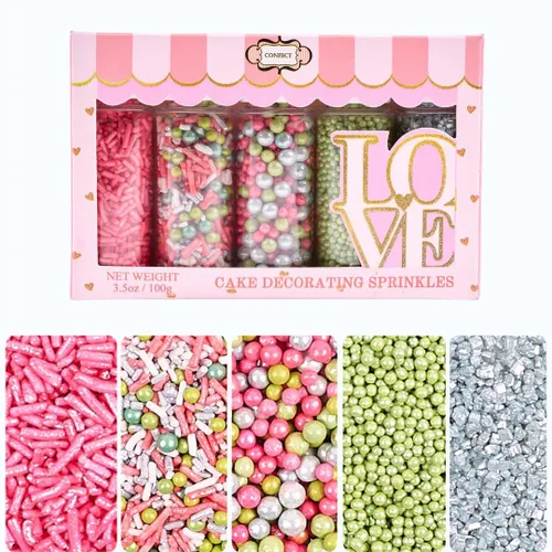 Vista 12 de Confect Gránulos decorativos para tartas Mezcla de grageas rosa intenso, rosa bebé y morado Azúcar brillante azul profundo Gránulos