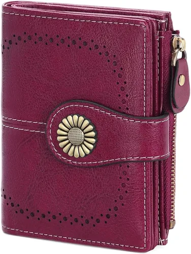 Vista 11 de SENDEFN - Billetera pequeña para mujer de cuero con doble solapa, portatarjetas con bloqueo RFID, bolsillo con cremallera para monedas 1-cera-rosa