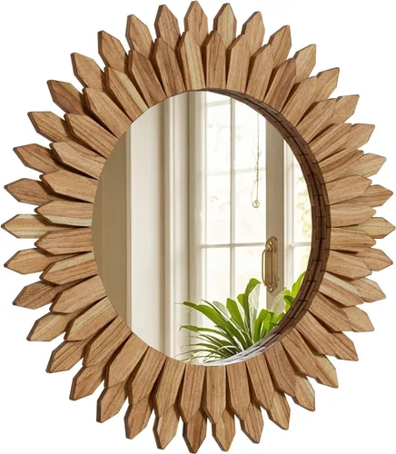 Vista 12 de Espejo de Pared Boho de 20 Pulgadas Negro con Diseño de Rayos de Sol - Espejo Circular de Madera para Pared, Espejo Circular Rústico Hecho a Mano