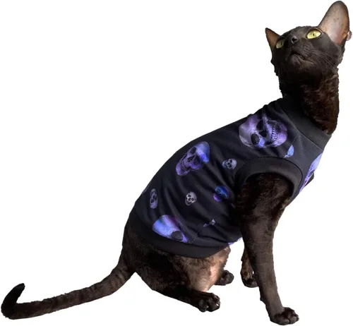 Vista 2 de Hairless Cat - Camiseta elástica de algodón con calaveras moradas para gatos Sphynx (L)