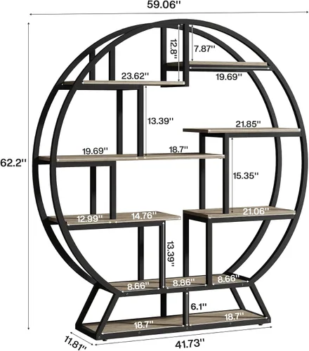 Vista 2 de Tribesigns Estantería redonda Etagere, estantería de madera industrial de 63 pulgadas con estantes escalonados, estante organizador de estantes Gris