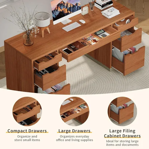 Vista 5 de MaverickFurni Office Desk with Drawers, 54 Inch Computer Desk with 7 Drawers for Bedroom, Small Executive Desk with Stoarge Drawers for Work Study