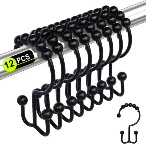 Vista 8 de Ganchos bohemios para cortina de ducha, anillos para decoración de baño, 12 piezas náuticas decorativas de acero inoxidable negro, resistentes a