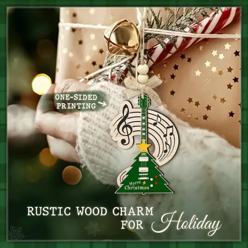 Vista 7 de Adorno navideño de guitarra eléctrica para árbol, adorno musical de madera de 2 capas con notas y clave de agudos, regalo único para músico