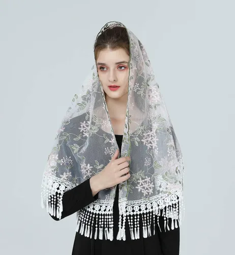 Vista 2 de BEAUTELICATE Borla Encaje Capilla Velo Floral Encaje Wrap Mantilla Vintage Mantón Bufanda Más Estilos