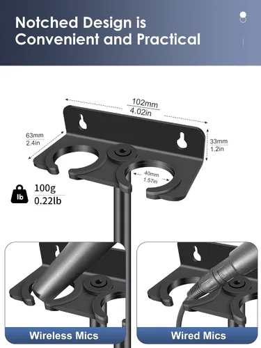 Vista 6 de Soporte de micrófono múltiple para pared (aluminio) para portátil dinámico con cable e inalámbrico, organizador de micrófono múltiple para soporte