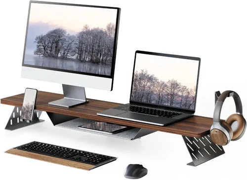Vista 12 de Fenge Soporte de monitor doble, elevador de monitor de 42.5 pulgadas para escritorio, estante de escritorio de madera para 2 monitores, estante