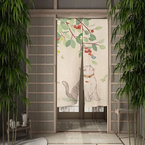 Vista 2 de Leowefowa Cortinas japonesas Noren para puerta, largas japonesas con estampado de gato gordo jugando árboles frutales, cortina para ventana, cortina