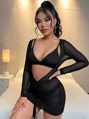 Vista 4 de Verdusa Vestido de traje de baño de malla transparente fruncida con cuello profundo y cordón para mujer