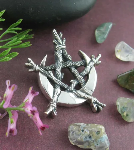 Vista 2 de Woot & Hammy Crescent Moon Bound by Twigs Pentagram Pendant, 100% Sterling Silver, Handmade