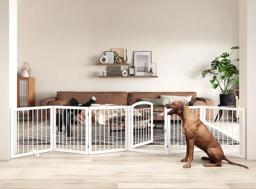 Vista 24 de JSB Puerta para perros de 72 pulgadas extra ancha de 28 pulgadas de altura, puerta para mascotas independiente para pasillos, escaleras y hogar