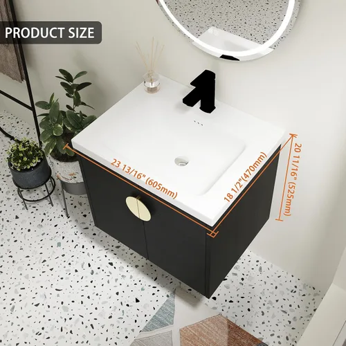 Vista 2 de Tocador de baño de 24 pulgadas con lavabo, juego de tocador flotante Mordern con mango de metal dorado y parte superior de fregadero de cerámica