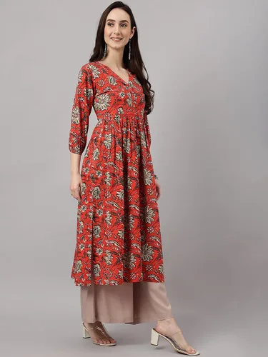 Vista 6 de Janasya Indian - Kurta de algodón naranja óxido con estampado floral para mujer