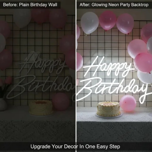 Vista 4 de Letrero de neón de feliz cumpleaños, letrero LED acrílico, letras iluminadas, letreros LED de neón para decoración de pared, telón de fondo