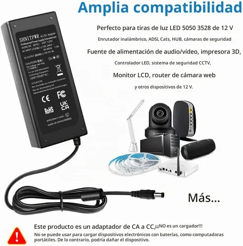 Vista 5 de SHNITPWR Adaptador de fuente de alimentación de 12V 3A 36W AC DC 100V ~ 240V CA a CC 12 voltios 3 amperios convertidor transformador controlador LED