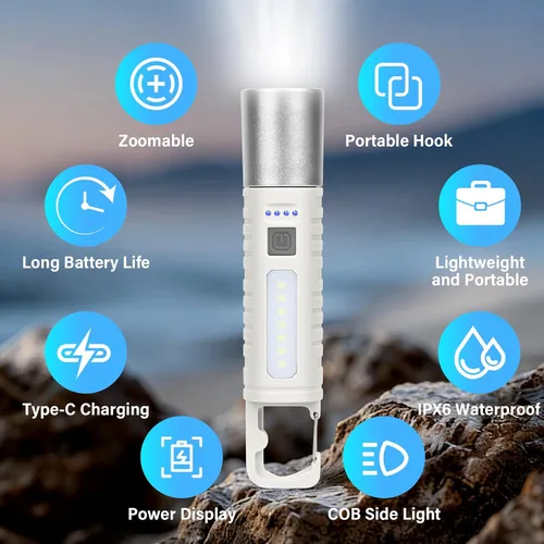 Vista 2 de Pequeña linterna LED recargable, luz de mano ultraligera de 500 lm con luz lateral COB, zoomable, 4 modos, USB-C, perfecta para campamento, corte
