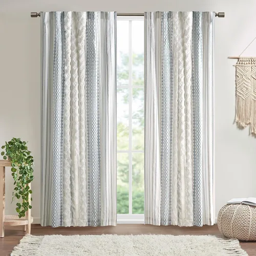 Vista 14 de INK+IVY Cortinas Boho para Dormitorio PANEL ÚNICO Cortinas de Ventana para Sala de Estar, 100% Algodón con Rayas de Chenilla Copetuda Estilo Granja