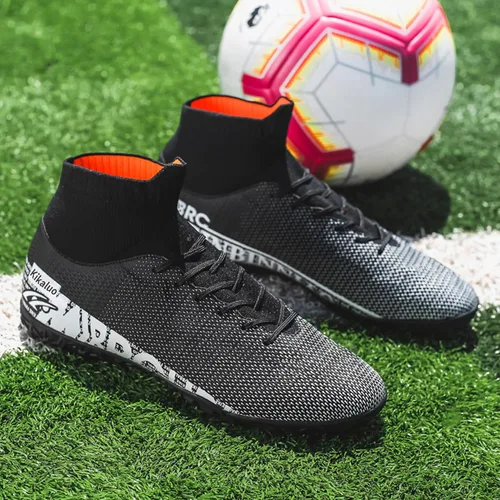 Vista 6 de Botas de fútbol para hombre con tacos altos con cordones, para interiores, firmes, para entrenamiento de césped y fútbol sala