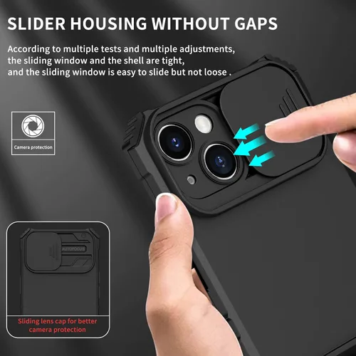 Vista 3 de Funda para iPhone 15 con funda para cámara deslizante, protector de silicona TPU resistente PC Etui iPhone 15 con soporte integrado, funda Negro